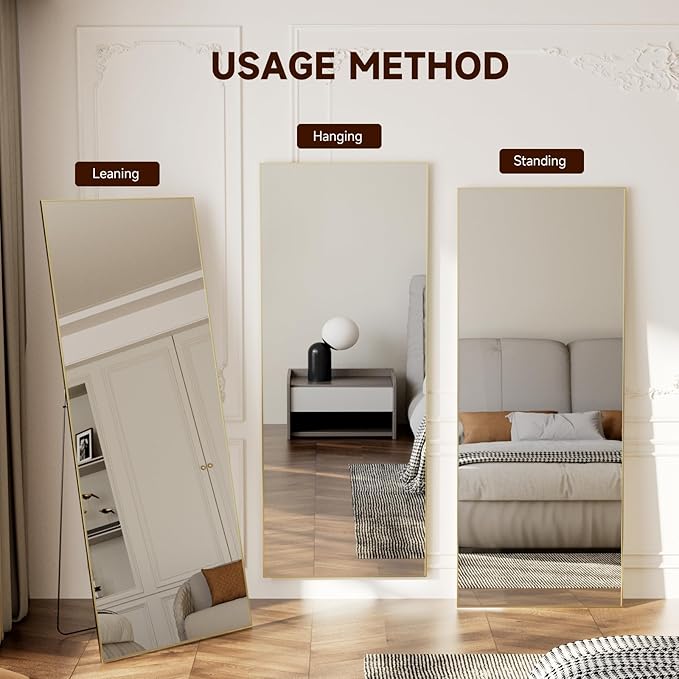 56"x15" Full Length Mirror, Gold Tempered Glass Rectangle Floor Standing Mirrors, Wall Mounted Hanging Aluminum Alloy Frame Bedroom Floor