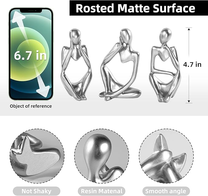 Thinker Statue Gold Decor Abstract Art Sculpture, Golden Resin Collectible Figurines for Home Living Room Office Shelf Decoration,Great Gifts Ideas (Silver)