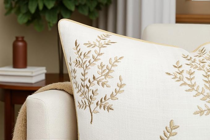 VAGMINE Embroidered Leaves Throw Pillow Cover - 20x20 Inches Square - 100% Cotton Ivory Cushion Cover - Delicate Leaf Stitchwork - Chic Home Accent for Sofa, Lounge, Rustic Farmhouse Décor
