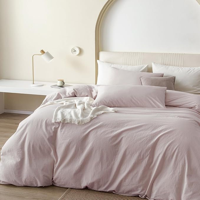 JIYUAN 100% Washed Cotton Duvet Cover Set 3 PCS Oversized King, 1 Duvet Cover 120"x98" (Comforter Not Included) and 2 Pillowcases,Linen Feel Bedding Set Comfy and Breathable, Heathered Greyish Pink