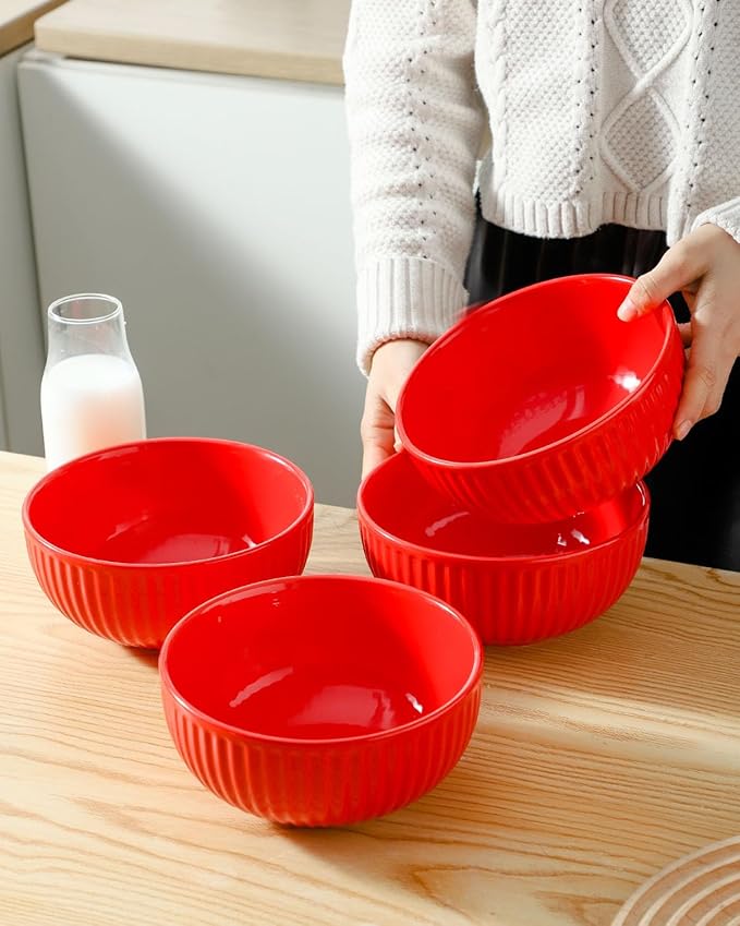 Hasense Large Ceramic Serving Bowls 42 Oz - 7 Inch Salad Bowl Set of 4 for Kitchen,Modern Ribbed Porcelain Dishes for Entertaining,Soup,Pho,Pasta,Cereal, Noodle - Dishwasher & Microwave Safe, Red