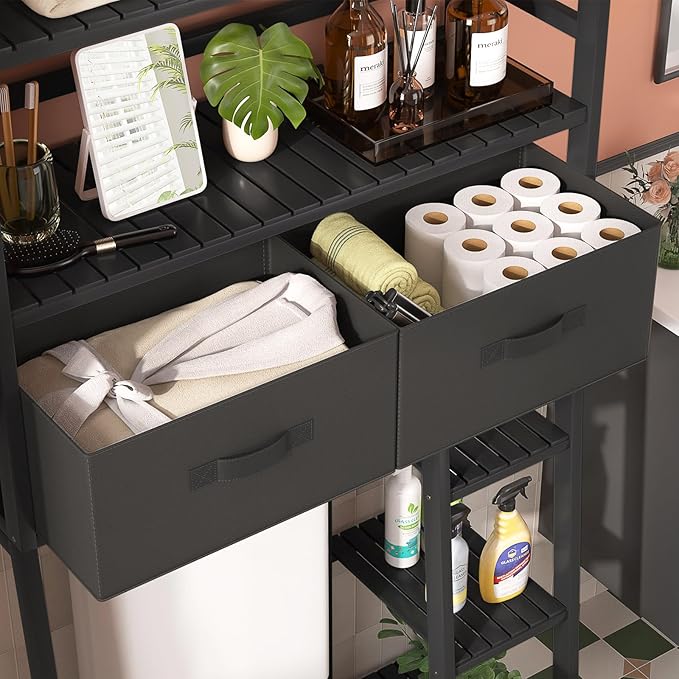 Homykic Over The Toilet Storage with 2 Drawers, Bamboo Above Toilet Shelf Organizer, Bathroom Tower Rack with Toilet Paper Holder Stand, Space Saver, Mass Storage, No Rust, Black