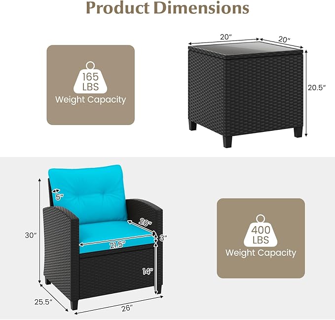 Tangkula 3 Piece Patio Furniture, Rattan Conversation Set w/Soft Seat & Back Cushions, Tempered Glass Topped Coffee Table, Cushioned Wicker Seating Set for Backyard, Porch, Poolside