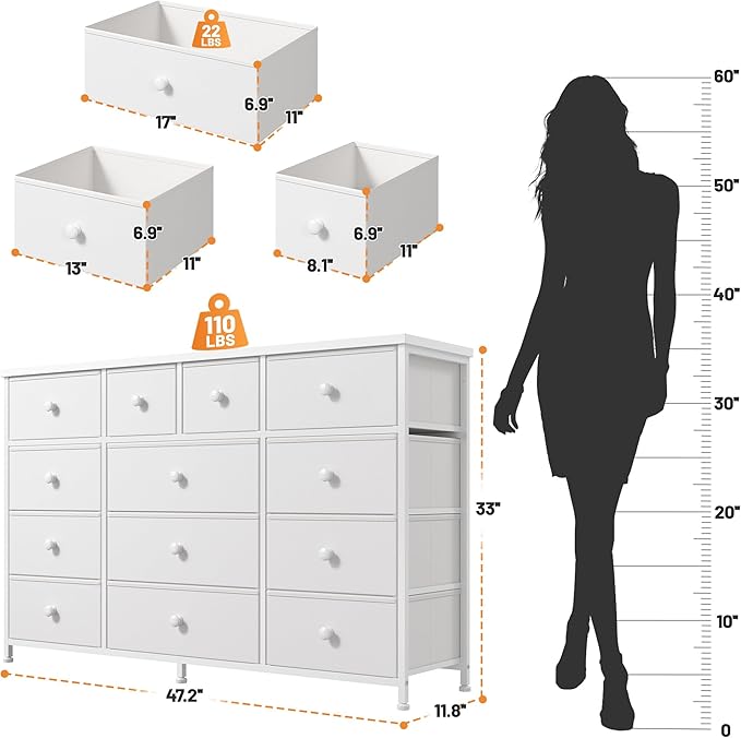 White Dresser for Bedroom with 13 Drawer,Entertainment Center for 40,50,55 inch, Modern Tv Stands & Chests of Drawers for Living Room, Hallway, Entryway