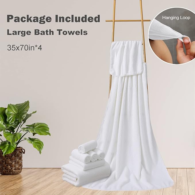 White Bathroom Towels Set of 4, 35x70 Inches Oversized Bath Towels Extra Large Microfiber Shower Towels Textured Ultra Soft Absorbent Quick Dry Towel Bath Sheets for Adults Bathroom Hotel Spa