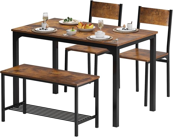 soges 4 Pieces Dining Table Set, 43.3 inch Kitchen Table Set for 4, Dining Set with 2 Chairs and Bench with Storage Rack, Nesting Furniture Set for Dining Room, Kitchen, Restaurant, Rustic Brown