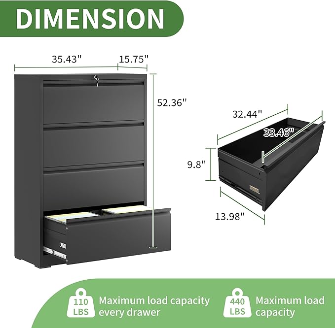 Lateral File Cabinet with Lock,4 Drawer Metal Filing Cabinets, Home Office Storage Cabinet for Hanging Files Letter/Legal/F4/A4 (Black)