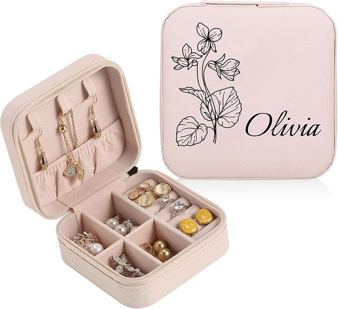 Personalized Jewelry Boxes for Women, Custom Travel Jewelry Case with Name and Birth Flower Month, Portable Jewelry Box Organizer for Mom Birthday Gifts (Non-Customized pink)