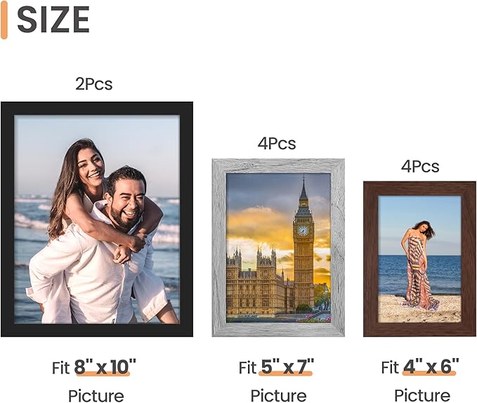 upsimples 10 Pack Picture Frames Collage Wall Decor for Mounting or Tabletop Display, Photo Gallery Frame Set for Family, Multi Sizes Including 8x10, 5x7, 4x6, Black Gray Brown