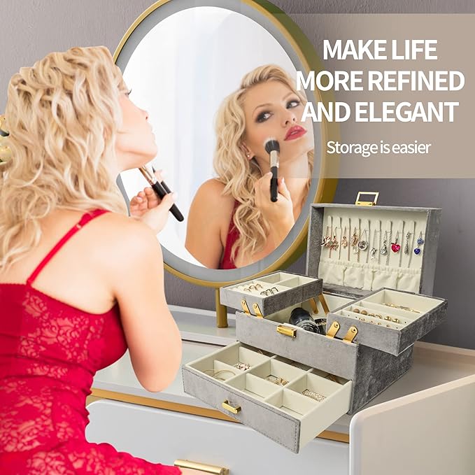 Dajasan Velvet Jewelry Boxes, Women Jewelry Organizer Box, 3- Layer Large Jewelry Storage Case for Birthday Mother's Day Valentine's Day (Grey)