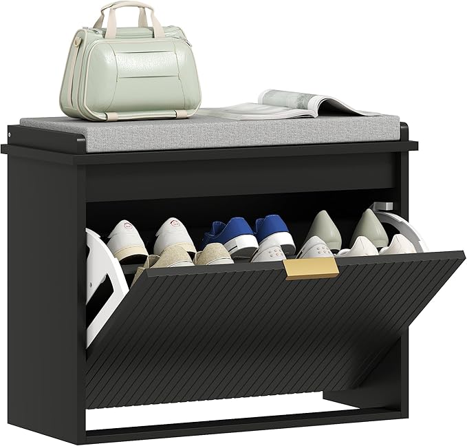 HOMCOM Narrow Shoe Bench with Padded Seat Cushion and Flip-Drawer, Small Entryway Bench Holds up to 265lb, Shoe Cabinet, 24.4x10.2x18.7 Inches, Black