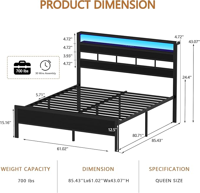 Furnulem Queen Bed Frame with Storage Headboard and LED Lights, Metal Bedframe with Charging Station and USB Port, Queen Size Platform Bed with Heavy Duty Slats, No Box Spring Needed, Black Oak