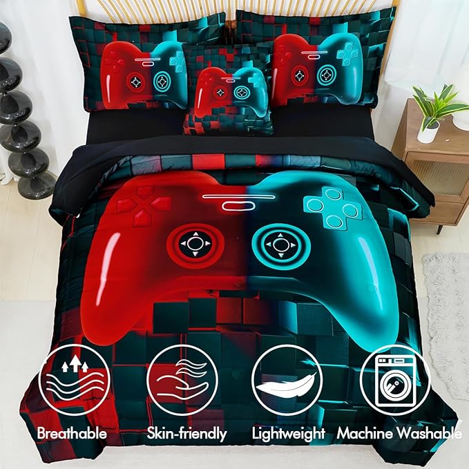 PERFEMET 6 Pcs Gamer Bed Set Twin Size Red and Teal Game Console Kids Bed in A Bag Set Soft Fluffy 3D Cool Teen Boys Gaming Comforter Set with Bed Sheet(Red Teal, Twin)