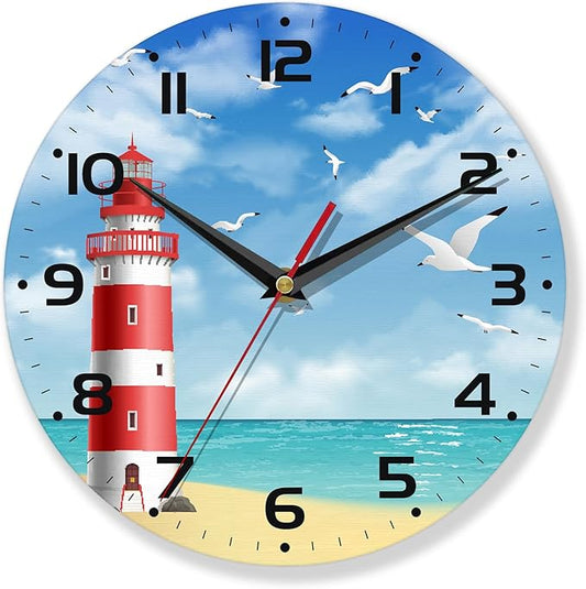 Wall Clocks Battery Operated,Lighthouse Clock for Living Room,Seagull Seaside Decorative Wall Clock for Living Room,Bedroom,Kitchen,10 Inch