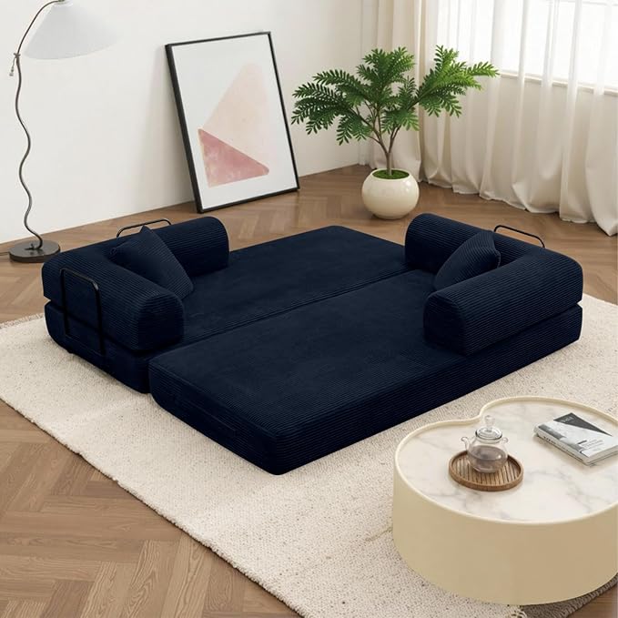 Rovibek 4-in-1 Convertible Sleeper Sofa Bed Queen Size, Foldable Floor Couch Corduroy, Folding Futon Sofa Beds with Pillow and Fixed-Shape Frame, Suitable for Living Room, Bedroom, Lounge, Dark Blue