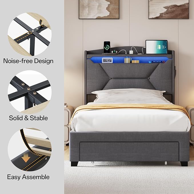Twin Bed Frame, Twin Bed Frames with Storage Headboard, Upholstered Twin Size Bed Frame with Drawers, Charging Station and LED Lights, Easy Assembly, Grey