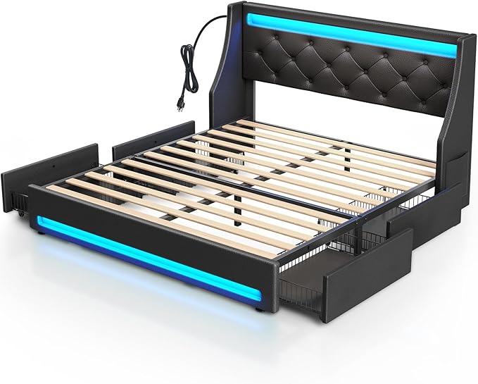 Rolanstar Queen Bed Frame with LED Lights and Charging Station, PU Leather Bed with Drawers, Wooden Slats, Noise Free, Easy Assembly, Black