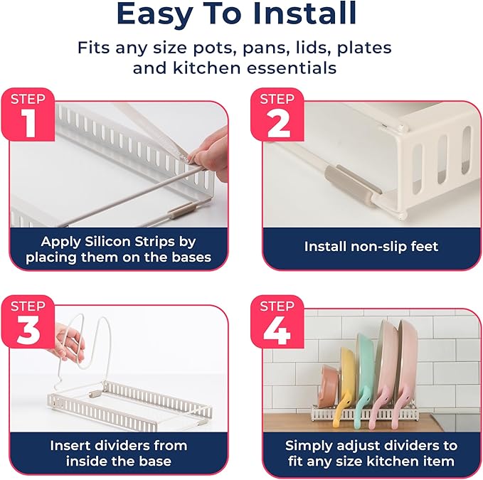 14 Compartments, 1 Large x 1 Compact Dual Rack Set - Pot and Pan Organizer Rack for Cabinet – Pot Lid Organizer for Kitchen Under Sink Drawer Pantry (White Sand, DUO SET)