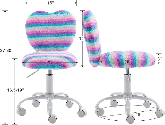 Small Desk Chair Swivel Kids Office Chair Fuzzy Student Computer Task Chair Faux Fur Vanity Chair Cute Heart Chair for Girls Boys Bedroom, Rainbow