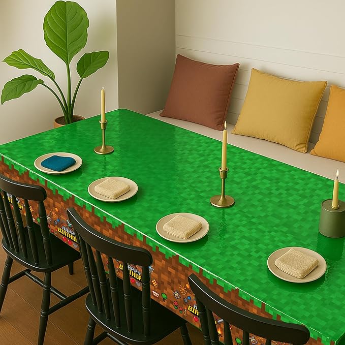 8Pcs Pixel Miner Party Decorations Tablecloth, 54" x 108" Gamer Birthday Tablecloth Disposable Plastic Pixel Gaming Birthday Decorations Table Cover for Kids Gamer Party Supplies