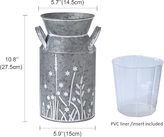 Vintage Galvanized Metal Milk Can, Farmhouse Rustic Flower Pitcher Vase, Decorative Floral Milk Jug Vase for Home Décor, 10.8’’H