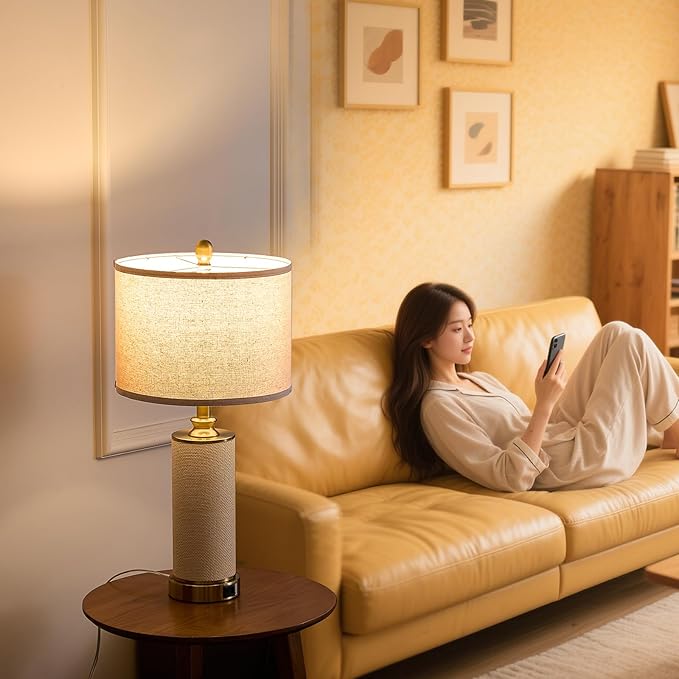 Gold Farmhouse Rattan Table Lamps Set of 2, Touch Control Desk Lamps, 3 Way Dimmable Grass Rope Large BedsideTable Lamp with USB A+C for Living Room/Bedroom/Office(2 LED Bulbs Included)