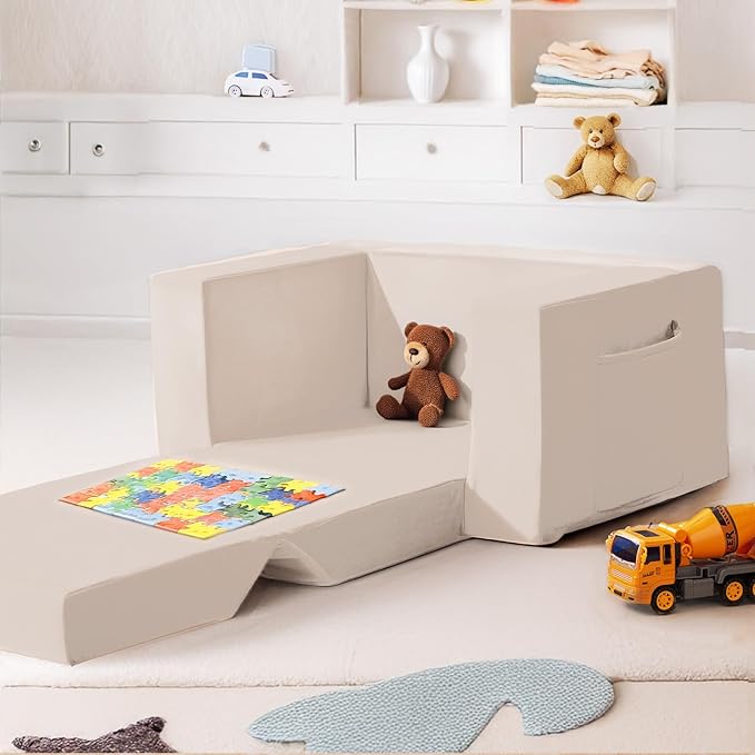 Kids Couch, 2-in-1 Toddler Chair Comfy 1-3 Years, Convertible Kids Chair, Toddler Couch That Fold Out, Kid Lounge Chairs for Boys and Girls, Soft Coral Fleece, Beige