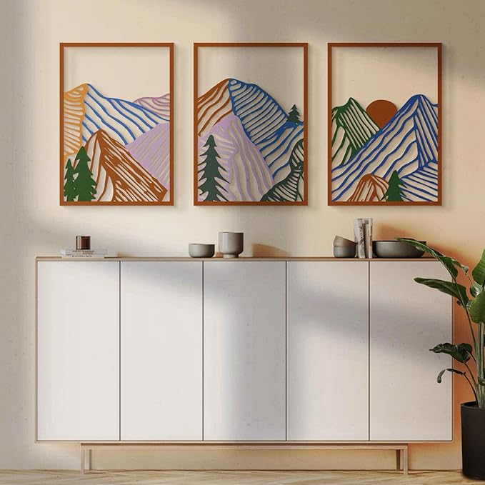 Glamativity 4 Pcs Colorful And Black Double-Sided Abstract Mountain Metal Wall Art , Mountain Line Art Décor, 3D Textured Minimalist Wall Decor, Rustic Nature Wall Décor for Living Room Bedroom Study (L Size 22.5x15.7'')