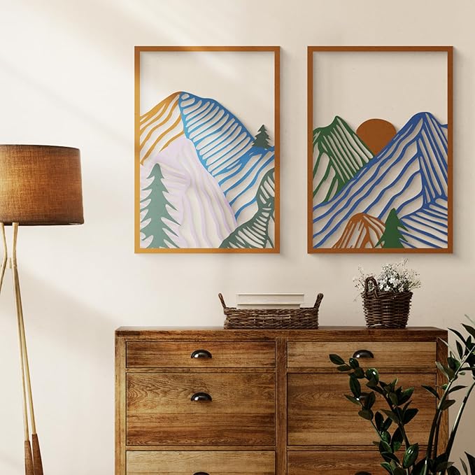 Glamativity 4 Pcs Colorful And Black Double-Sided Abstract Mountain Metal Wall Art , Mountain Line Art Décor, 3D Textured Minimalist Wall Decor, Rustic Nature Wall Décor for Living Room Bedroom Study (L Size 22.5x15.7'')