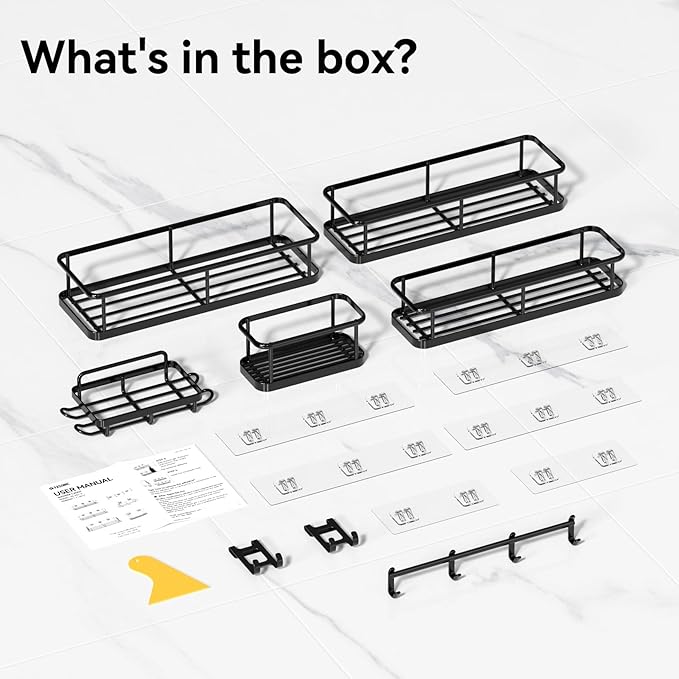 YASONIC Shower Caddy 6 Pack Rustproof shower Organizer, Large Capacity Shower Shelves for inside shower, Bathroom Organizers and Storage with Soap Holder and 12 Hooks, Adhesive Shower storage, Black