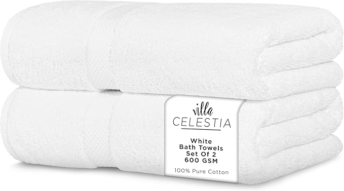 600 GSM 100% Cotton Bath Towels, White, Set of 2, Highly Absorbent, Plush, Soft, Quick Dry, 2 Pieces Combed Cotton Luxury Towels for Hotels, Spa, Salon, Bathroom, Dorm, Pack of 2