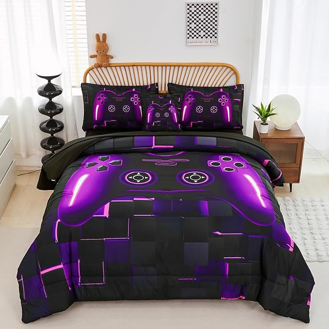 PERFEMET 6 Pieces Gamer Comforter Sets Twin Size Purple Game Console Boys Bed in A Bag 3D Cool Black Gaming Bedding Set for Kids Teen Lightweight Gamepad Bedroom Set(Purple, Twin)