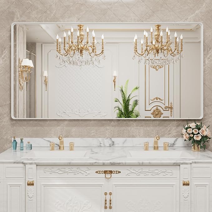 LOAAO 72x32 Inch White Metal Framed Bathroom Mirror for Wall, White Bathroom Vanity Mirror Farmhouse, Large Rounded Rectangle Mirror, Anti-Rust, Tempered Glass, Hangs Horizontally or Vertically