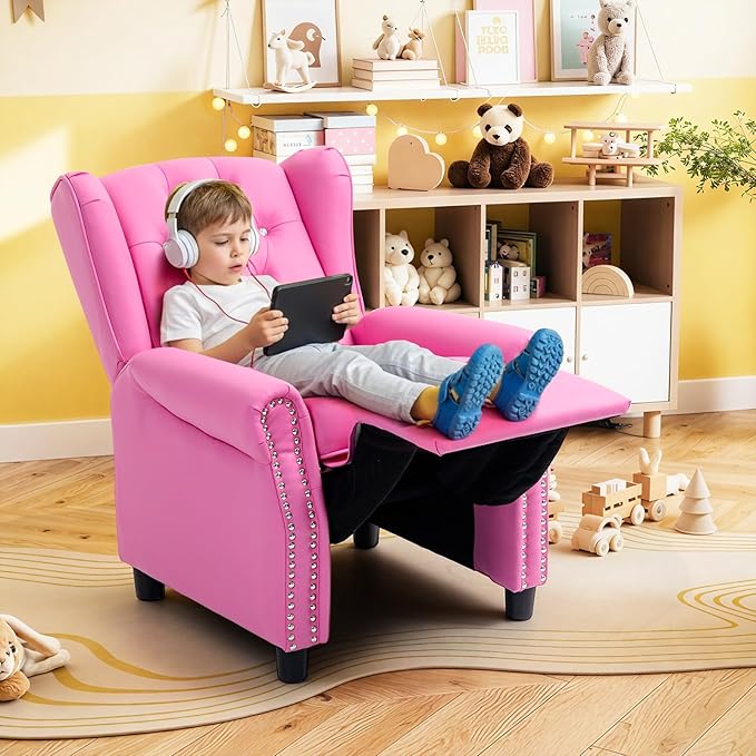 AVAWING Kids Wingback Recliner Chair with Studded Tufted Backrest & Nailhead Trim, PU Leather Kids Chair with Adjustable Backrest and Footrest, for Bedroom or Nursery, Pink