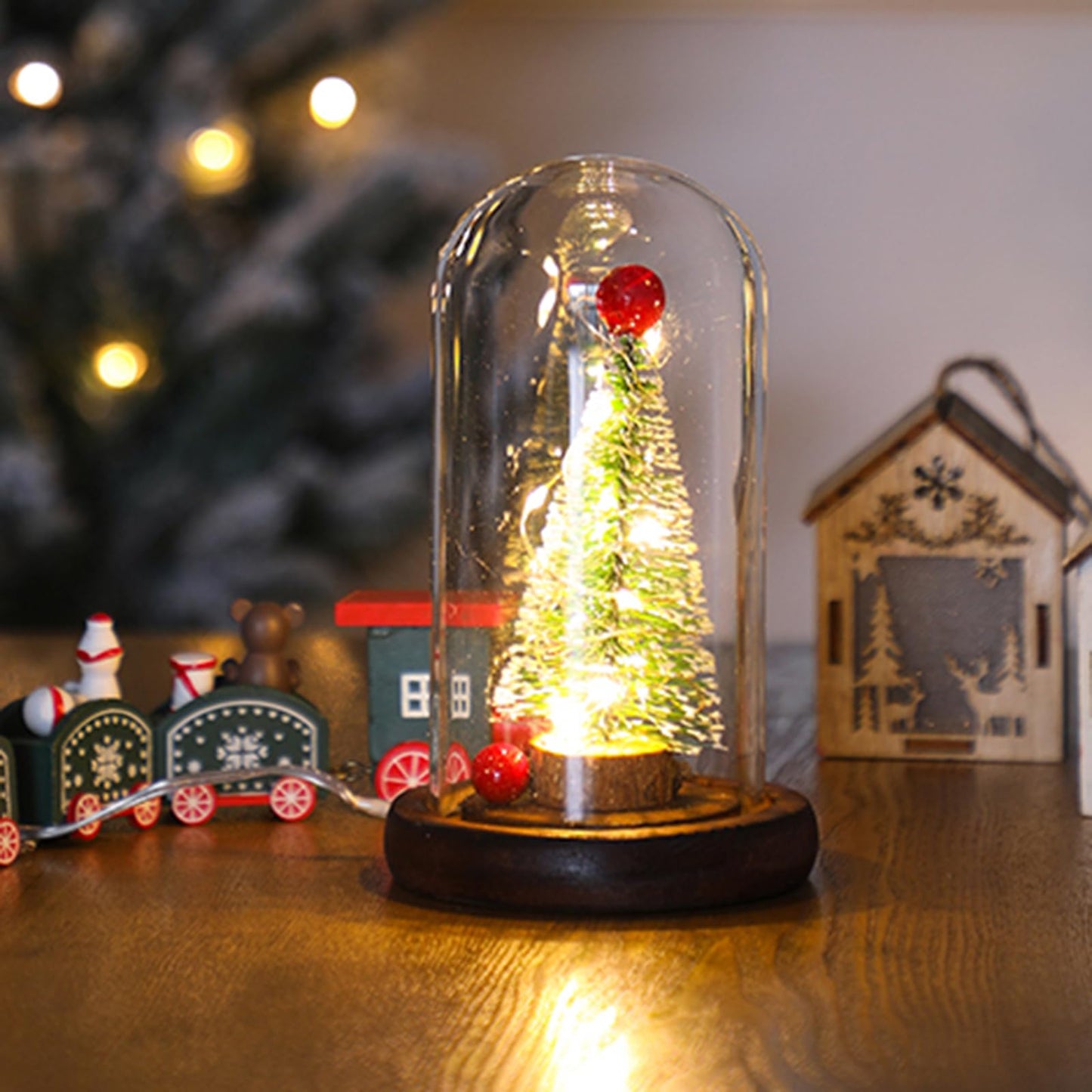 Linsiter LED Christmas Tree in Glass Dome, Mini Christmas Tree Creative Table Decoration Unique Gift for Home Indoor Tabletop Xmas Decor, Birthday Christmas Xmas Gifts Present