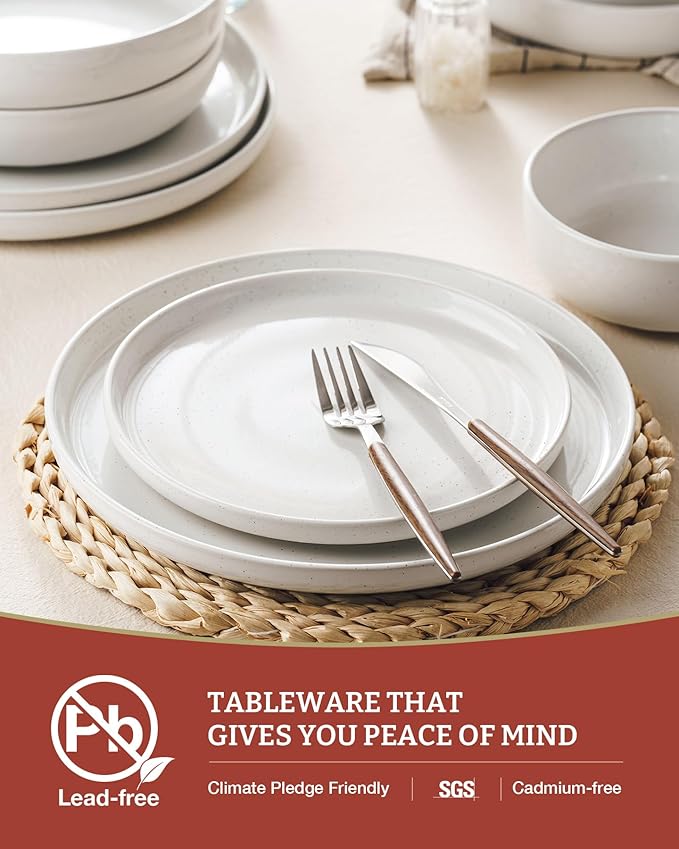 Famiware Milkyway Stoneware Dinnerware Sets with Pasta Bowls, Service for 4 (16 Pieces), Plates and Bowls Sets -Scratch Resistant, Microwave and Dishwasher Safe Dishes Set, White