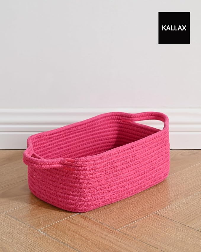 KALLAX Small Woven Basket, 12 x 8 x 4.5 Inches, Small Storage Baskets for Organizing, Gift Baskets Empty, Cute Rope Shelf Closet Storage Bins for Shelves, Dog Toy Basket, 3 Packs, Hot Pink