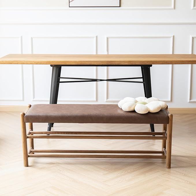 Solid Wood Entryway Bench with Shoe Storage, Rustic Oak Wood and PU Leather 45 Inch Long Seating for Living and Dining Rooms, 3-Tier Brown