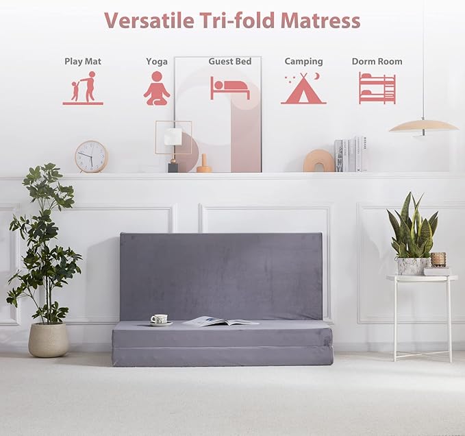 SINWEEK Tri Folding Mattress with Storage Bag - Foldable Mattress Foam Topper Floor Cot, Guest Bed with Machine Washable Cover and Waterproof Lining, CertiPUR-US Certified 52 x 73 x 3Inch