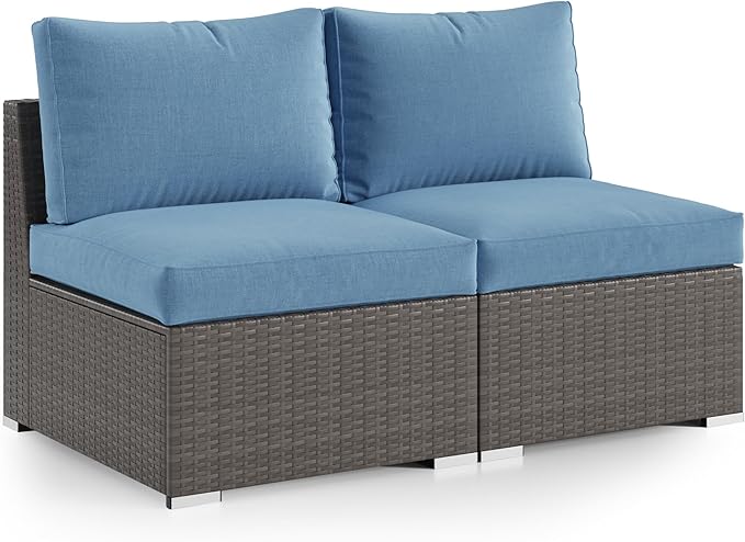 Wisteria Lane Patio Furniture Set, 2 Pieces Armless Wicker Outdoor Furniture Patio Couch with Washable Cushions, Oversized Outdoor Sectional for Garden, Poolside, Backyard, Blue