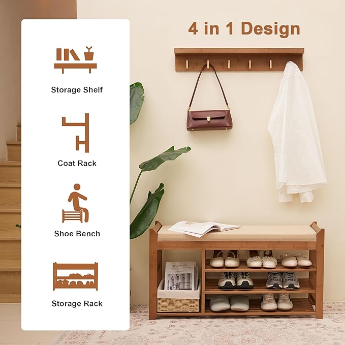 Hall Tree with Bench and Shoe Storage, Coat Rack Shoe Bench Set with Seat Cushion and 6 Hooks for Entryway, Hallway, Living Room and Bedroom