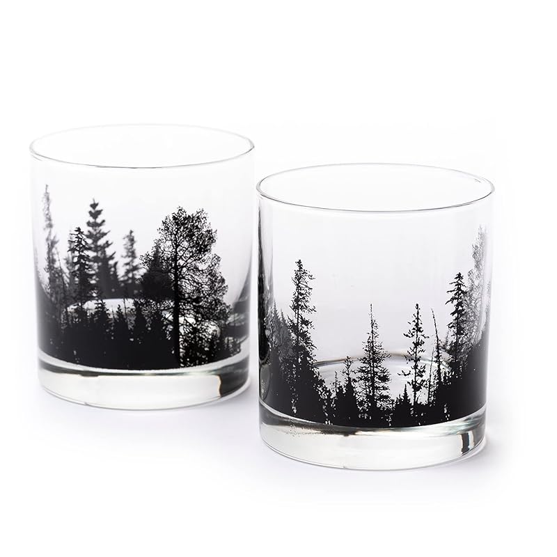 Black Lantern Whiskey Glass Set - Forest Landscape Old Fashioned Low-Ball Glasses - Drinking Glasses - Rock Glasses and Kitchen Glasses for Nature Lovers - Two Premium 11oz. Glasses