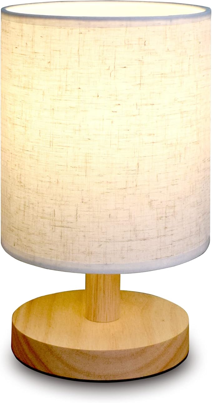 Small Table Lamp Mini Bedside Night Light Wooden Simple Desk Nightstand Lighting with Linen Shade for Bedroom, Living Room, Kids Room (Including LED Bulb) (Round)