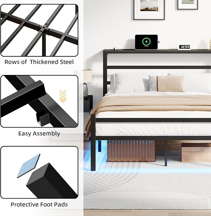 Queen Size Bed Frame with LED Lights, Metal Platform Bed Frame with Storage Headboard, Bed Frame Queen Size with Charging Station, Heavy Duty Metal Slat, No Box Spring Needed, Easy Assembly, Black