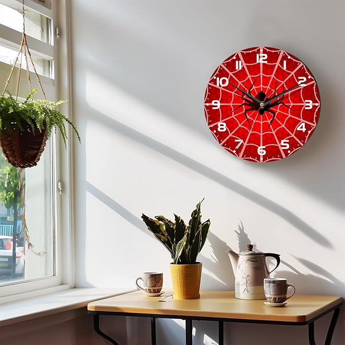 Wall Clock, 10 Inch Silent Non-Ticking Home Kitchen Decor, Battery Operated for Bathroom Bedroom Living Room Office(Red Spider Web)