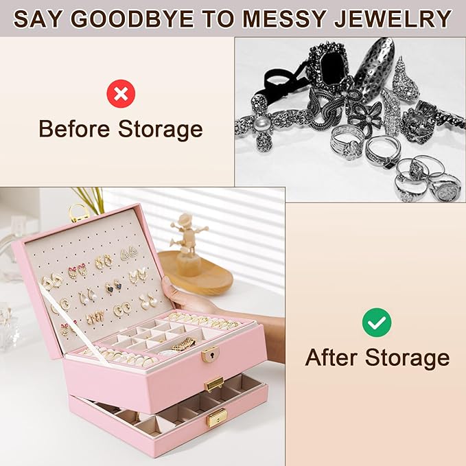Yoobao Jewelry Box for Women, 3 Layer with Double Lock, Removable Tray, Jewelry Holder Organizers for Earrings Necklaces Rings Bracelets Watches, Ideal Present for Birthday Graduation Anniversary