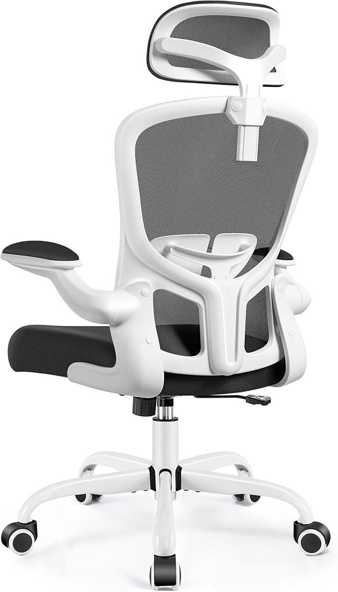 FelixKing Office Chair with Headrest, Home Office Desk Chairs with Flip-Up Armrests, Adjustable Height Ergonomic Office Chair Lumbar Support, Mesh Backrest Computer Chair (White)