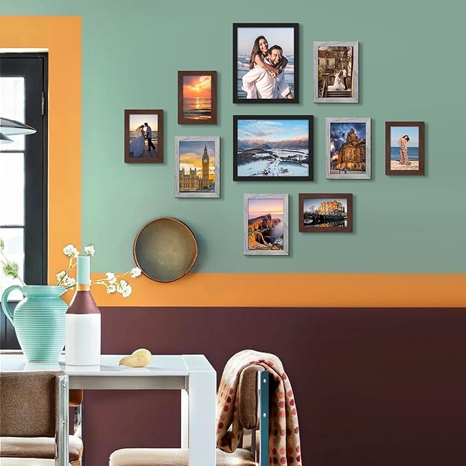 upsimples 10 Pack Picture Frames Collage Wall Decor for Mounting or Tabletop Display, Photo Gallery Frame Set for Family, Multi Sizes Including 8x10, 5x7, 4x6, Black Gray Brown