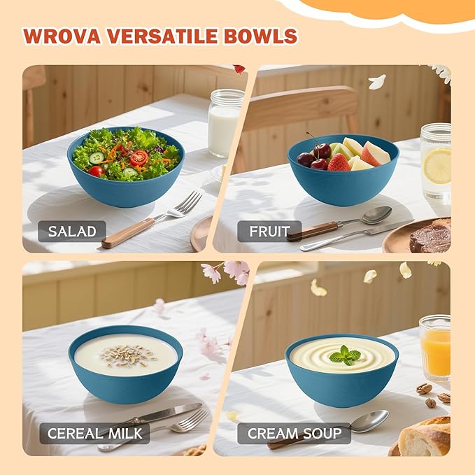 wheat straw bowls with lids set of 4, 40oz cereal bowls with covers,unbreakable salad container for lunch, dishwasher safe bowl sets for kitchen. Blue