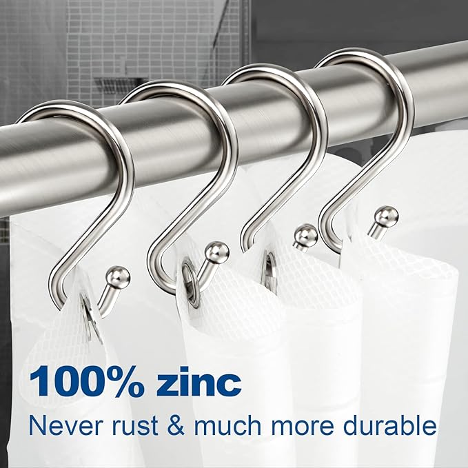 Shower Curtain Hooks Rings, Zinc Alloy S Shaped Shower Hooks Rust Proof, Shower Curtain Hangers for Shower Curtain, Kitchen, Wardrobe & Garden, Brushed Nickel, Set of 12